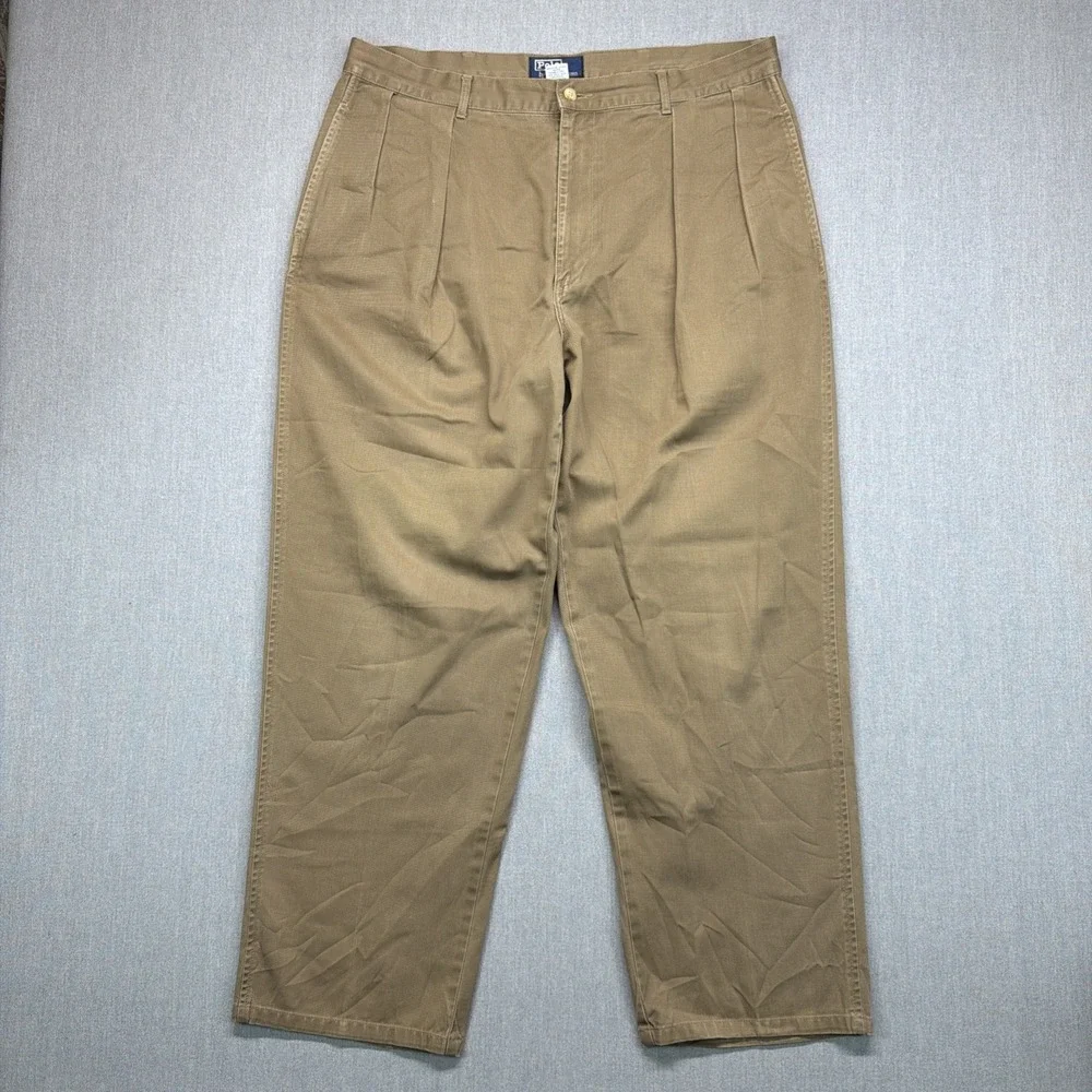 VTG POLO RALPH LAUREN 90s Double Pleated Chino Cotton Brown 36x30 (Fits‎ 36x28)